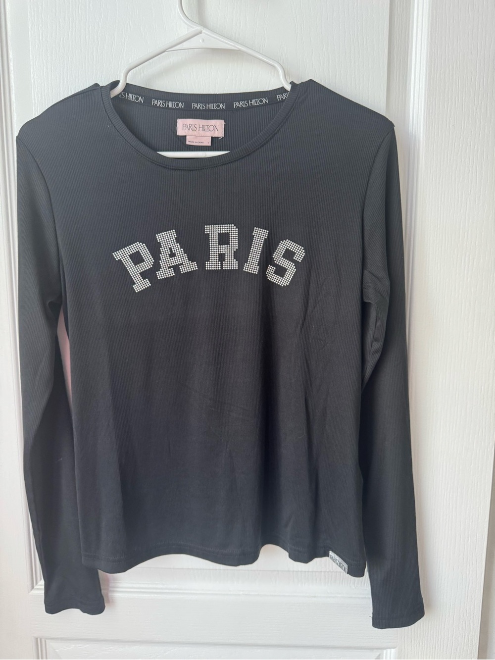 Paris Hilton Black Long Sleeve Top with Rhinestone PARIS Logo - Picture 1 of 3